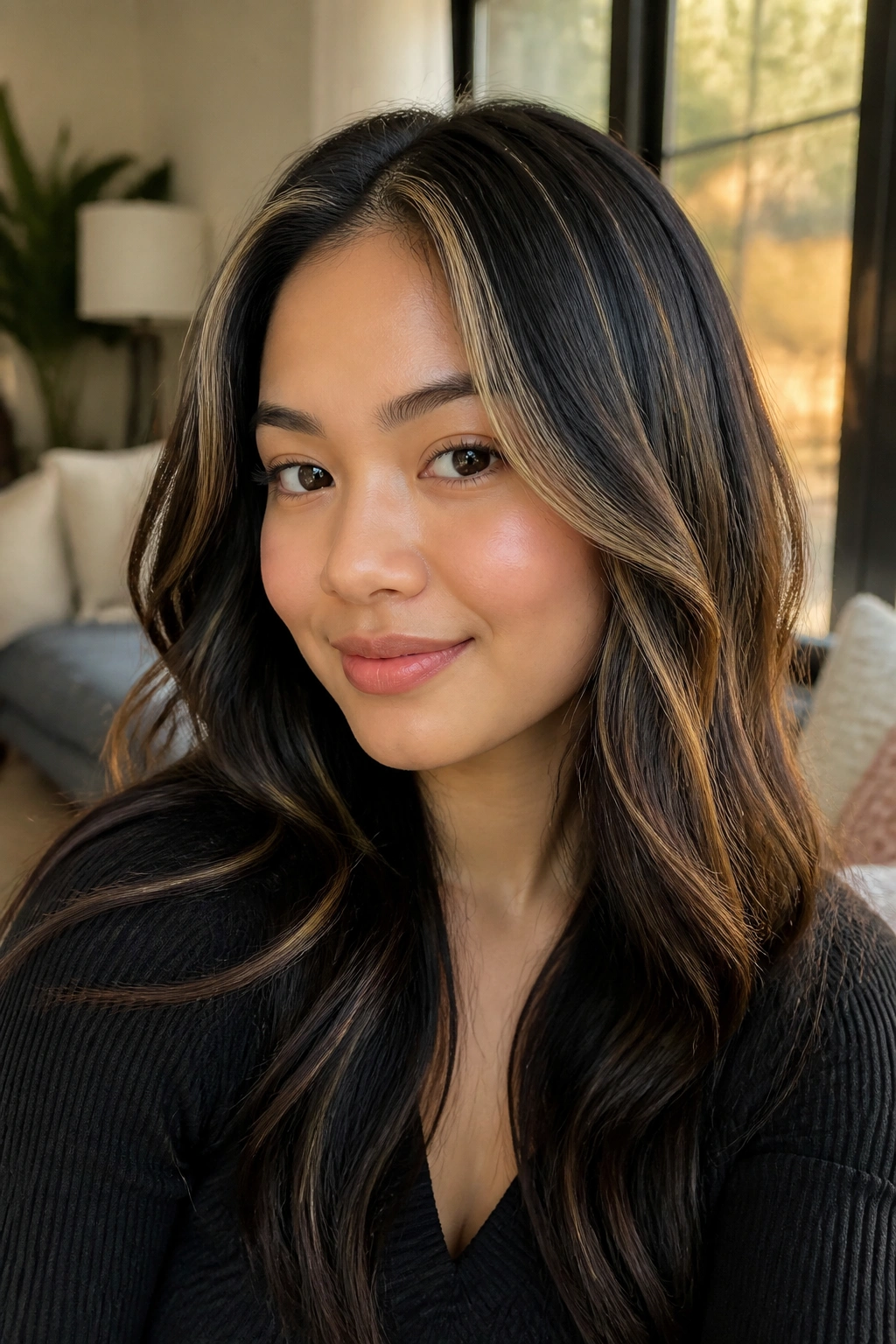 Close-up of a real woman with honey blonde babylights on black hair, crown highlights
