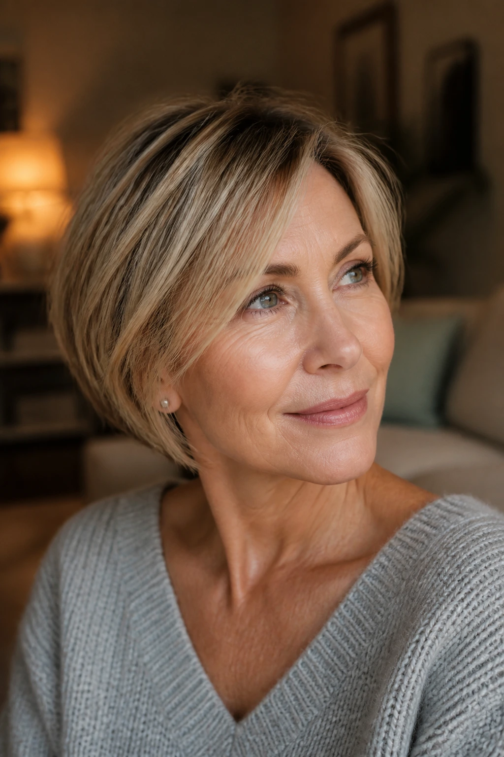 Real woman with cropped bob and honey babylights in a warm living room