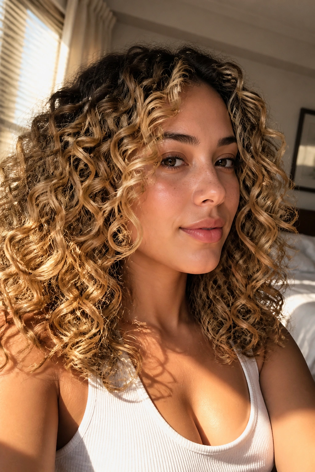 Close-up of real woman's curly hair with honey blonde balayage in warm window light