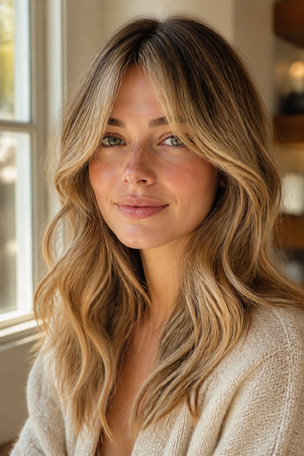 Portrait of a woman with honey blonde balayage and curtain bangs