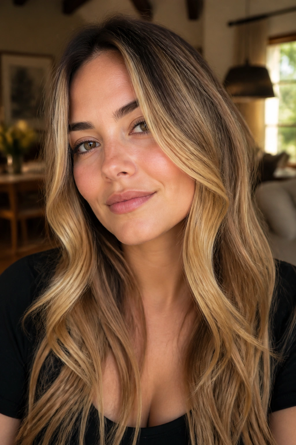 Close-up portrait of a woman with honey blonde balayage and long face-framing pieces, warm light