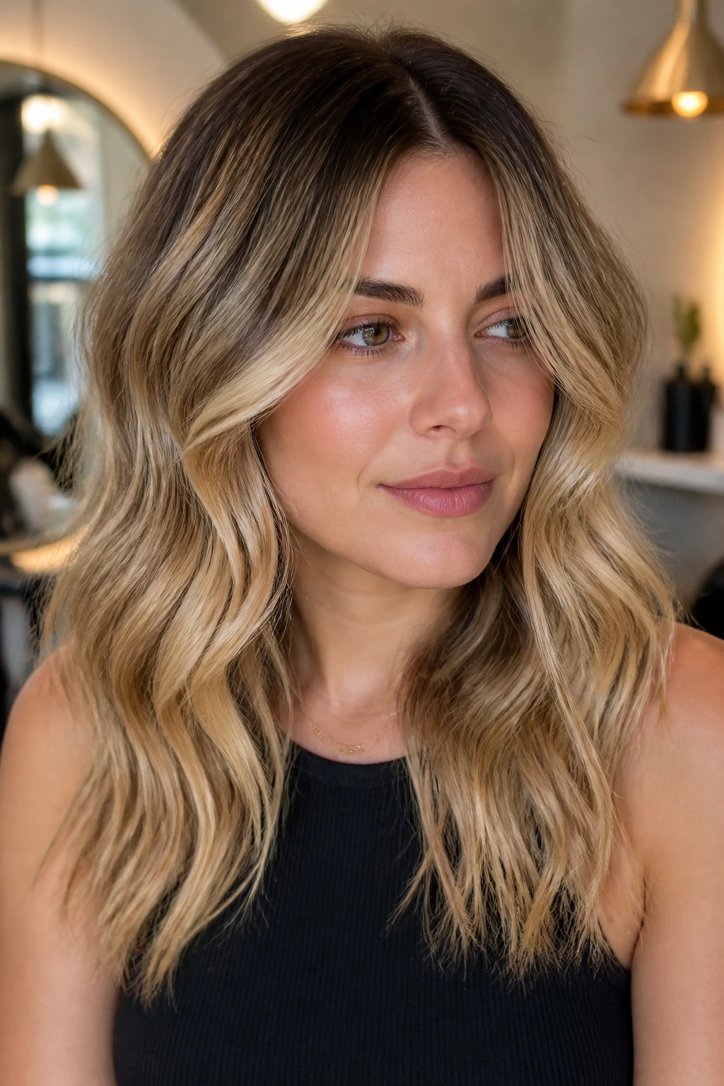 Close-up of a real woman with honey blonde balayage and dark root on wavy hair