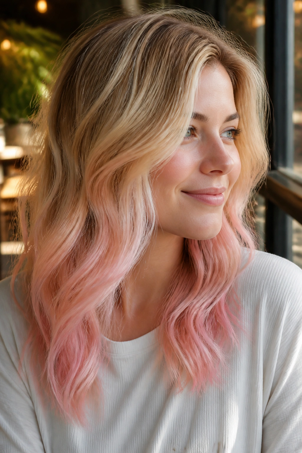 Close-up of a real woman with honey blonde balayage fading to strawberry milk pink ends under warm window light