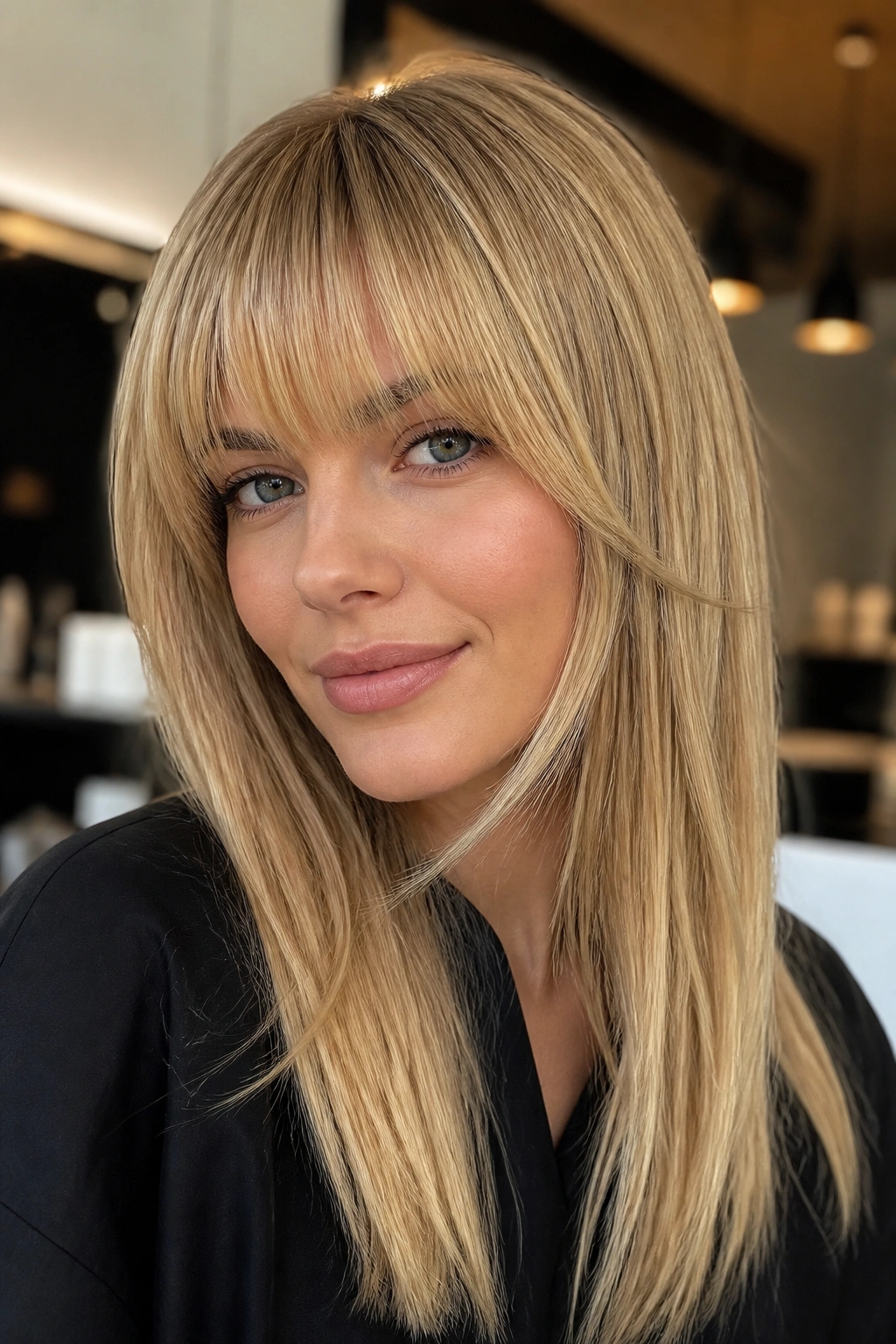 Portrait of a real woman with honey blonde brow-skimming bangs and long side pieces.