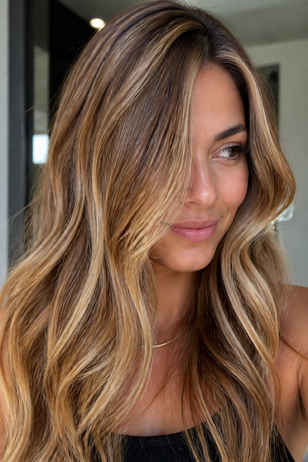 Close-up of honey blonde strands with beige lowlights adding depth on a real person