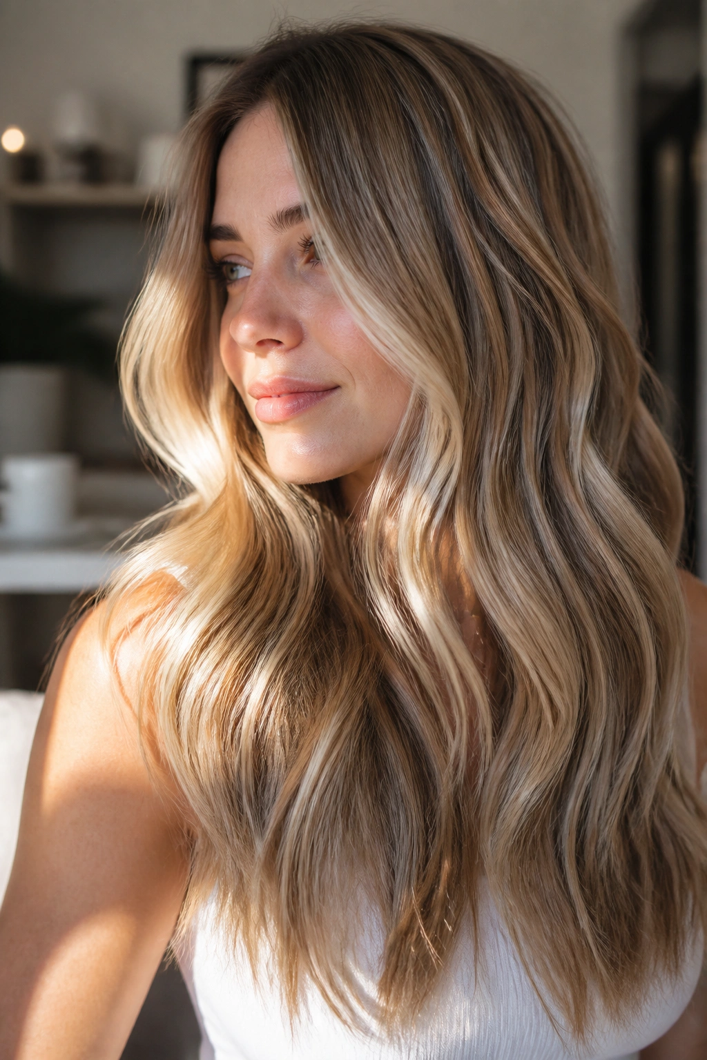 Close-up of long hair with beige honey, sandy blonde, and pale gold tones