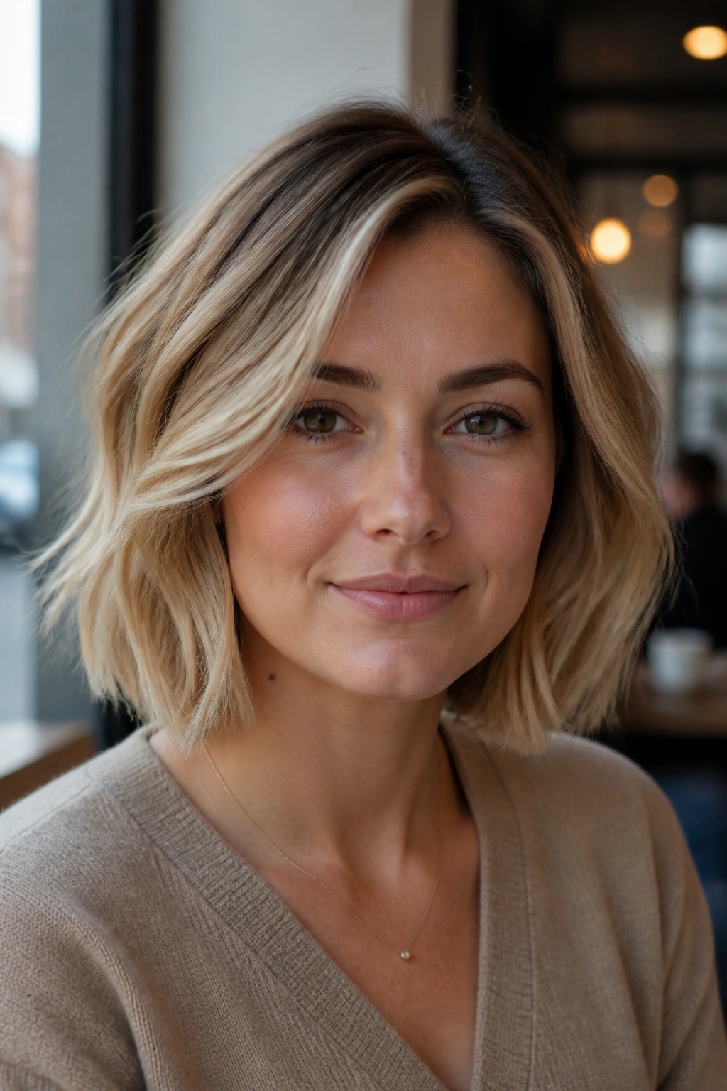 Close-up of a real woman with a honey blonde dimensional bob in natural cafe light