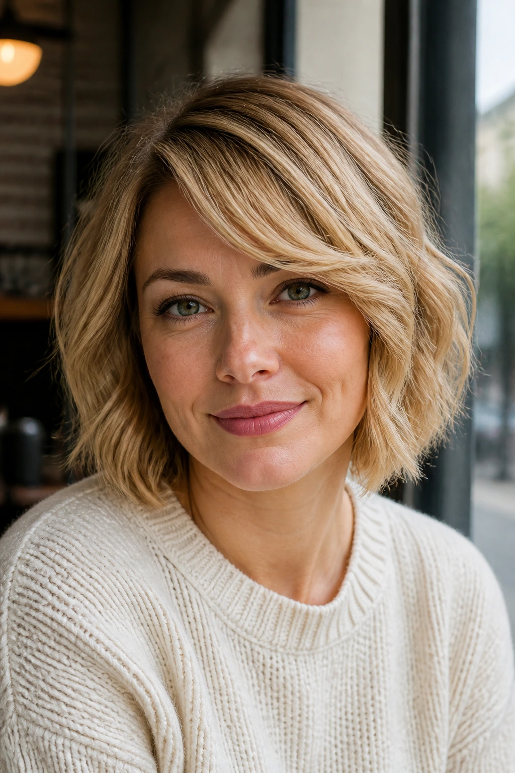 Frontal close-up of a real woman with honey-blonde bob and side-swept fringe.