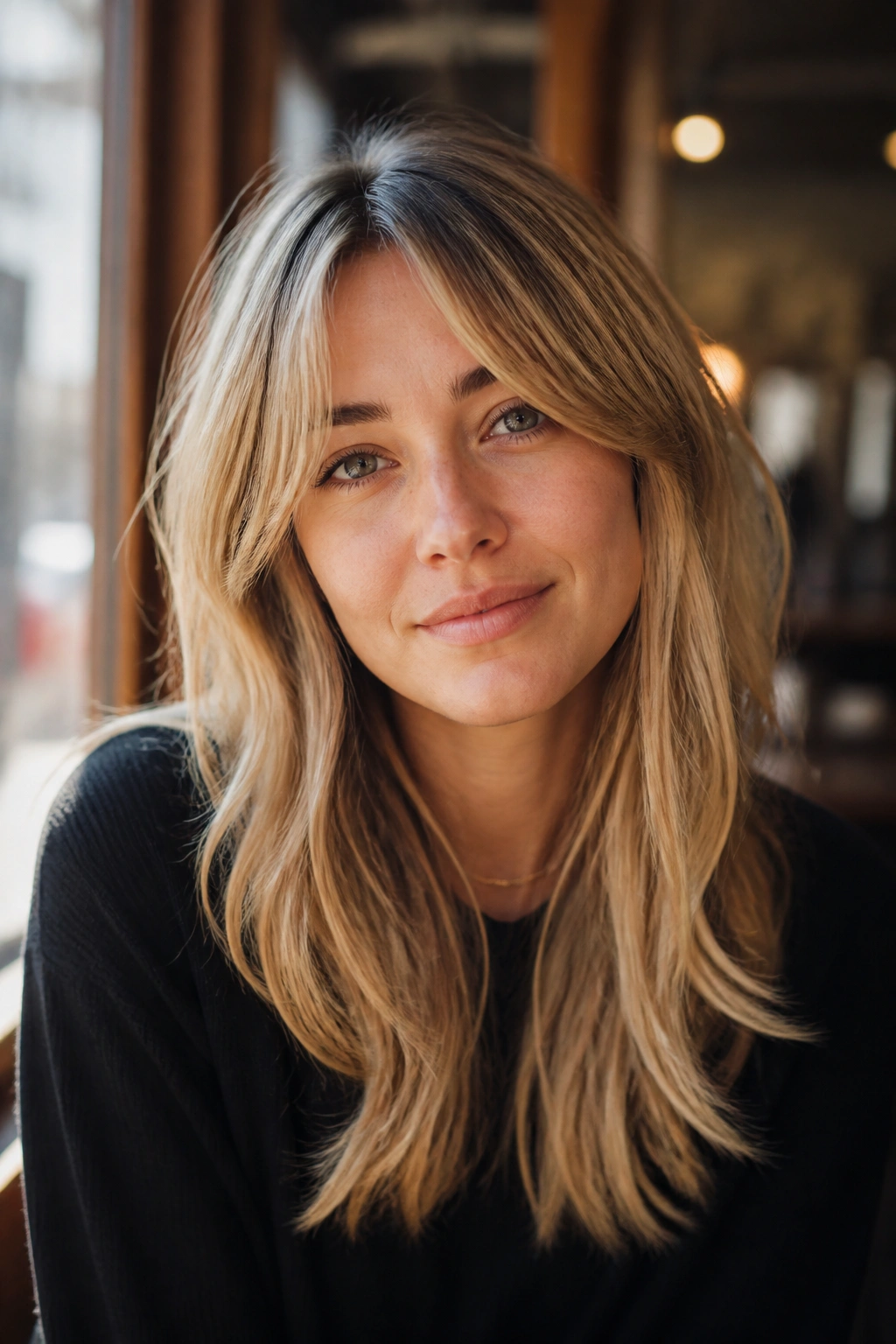 Close-up of a real woman with honey-blonde bottleneck bangs blending into side layers.