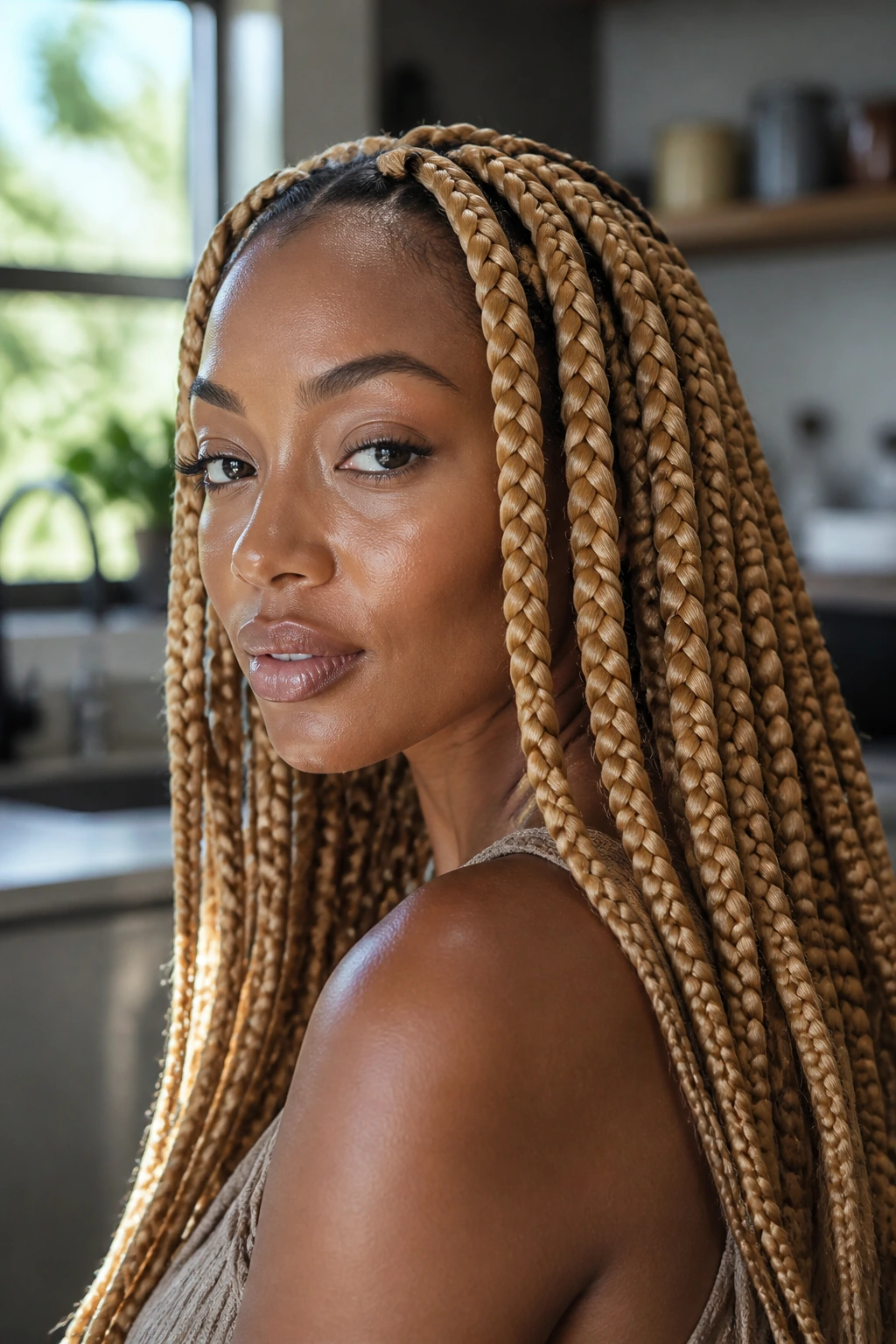 Real woman with honey blonde big box braids in sunlit kitchen