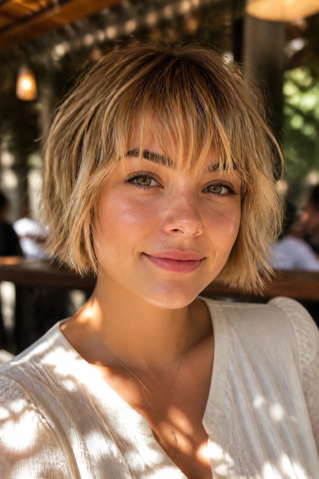 Close-up of honey blonde choppy brow-grazing fringe on a real woman