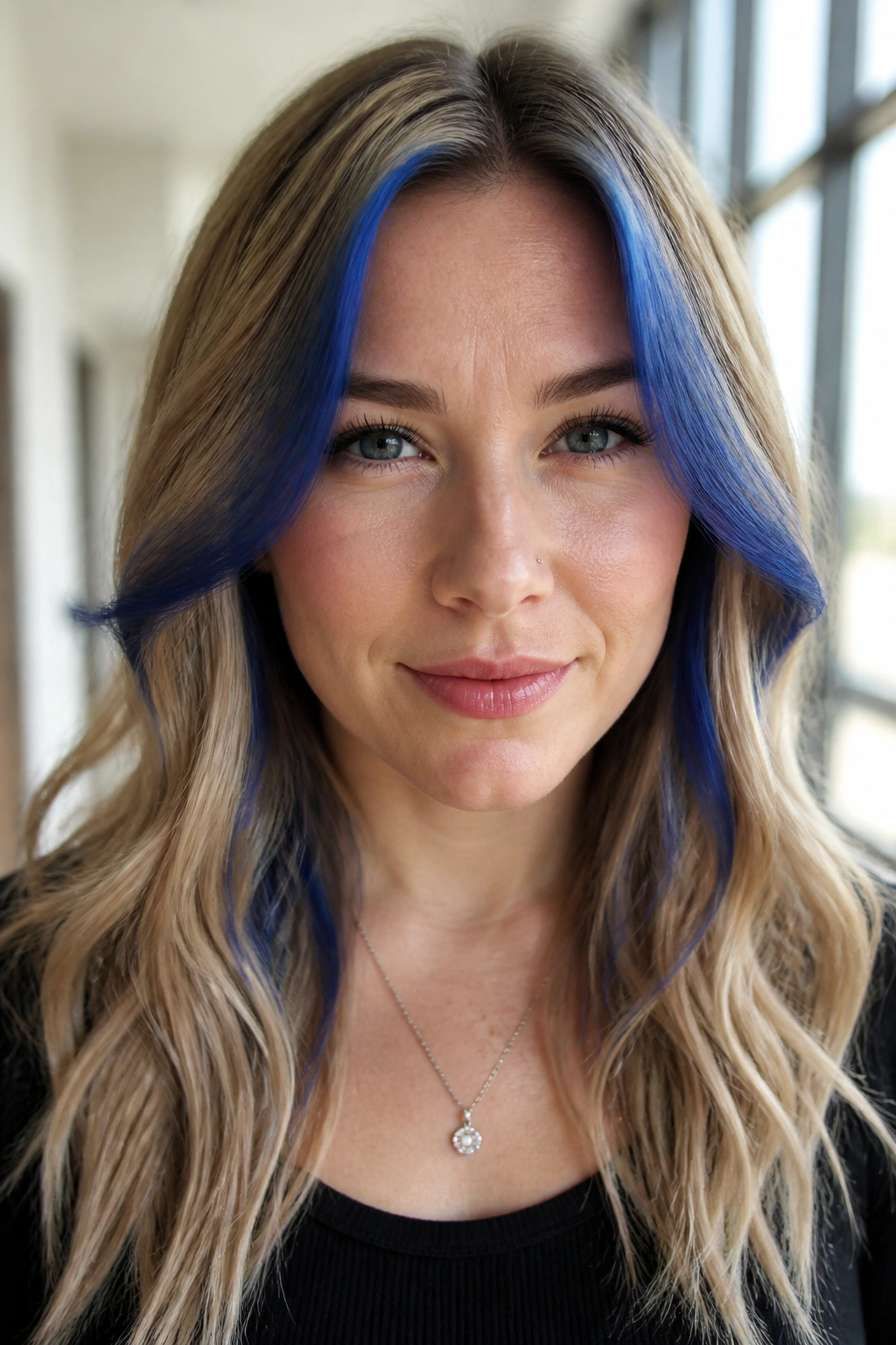Close-up of a woman with honey blonde hair and cobalt money piece framing the face
