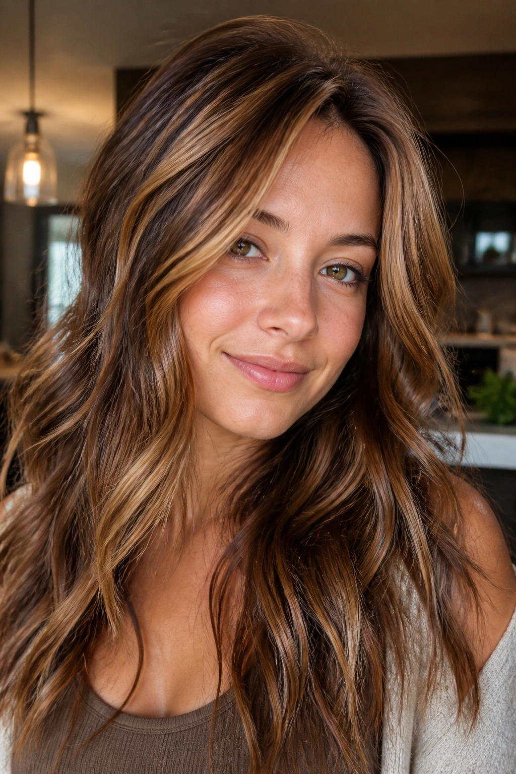 Close-up of a real person with honey blonde and copper highlights in brown hair.