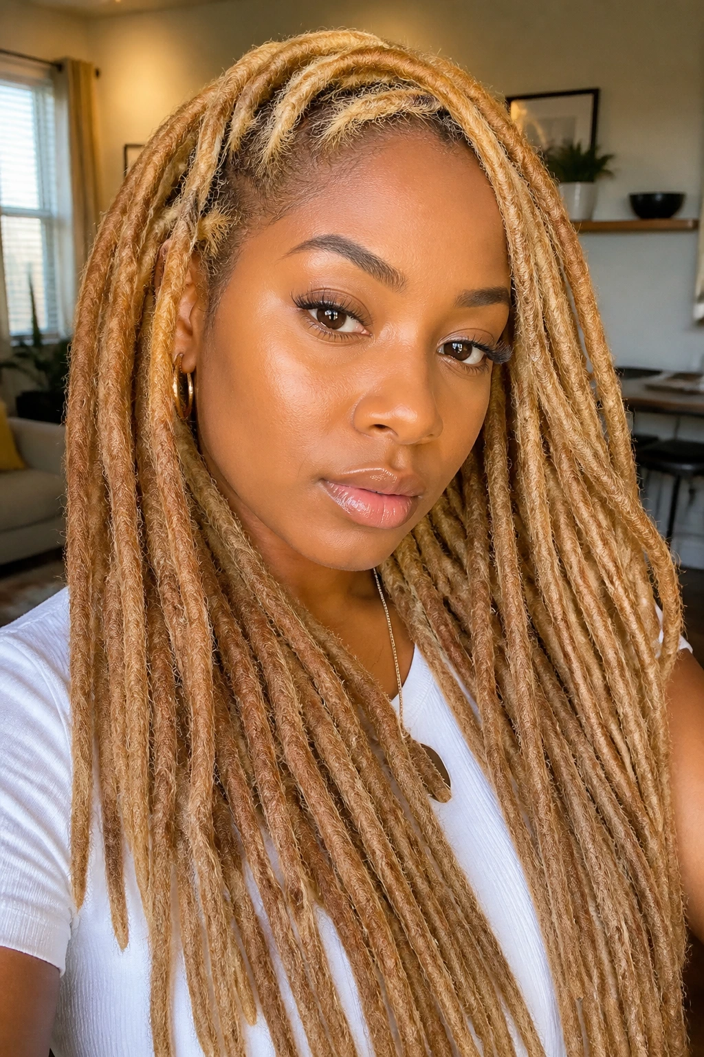 Close-up portrait of a woman with honey blonde crochet locs in warm window light