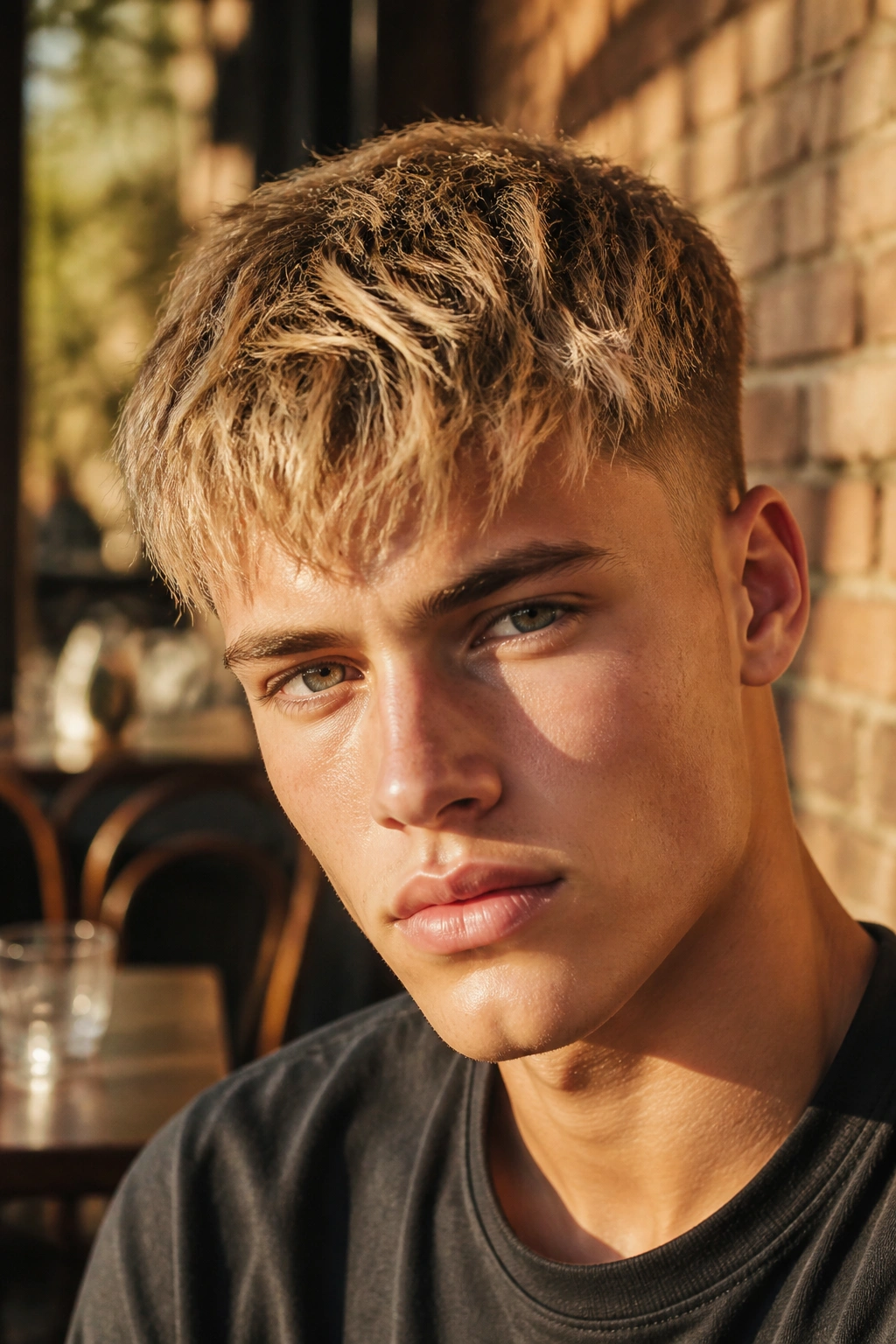 Close-up of a man with a honey blonde textured crop in a sunlit outdoor setting