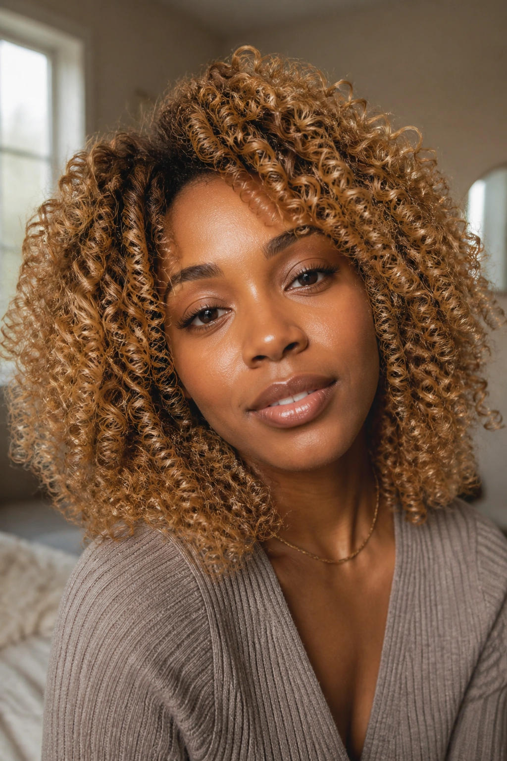Close-up of a real woman with honey blonde curls under warm window light