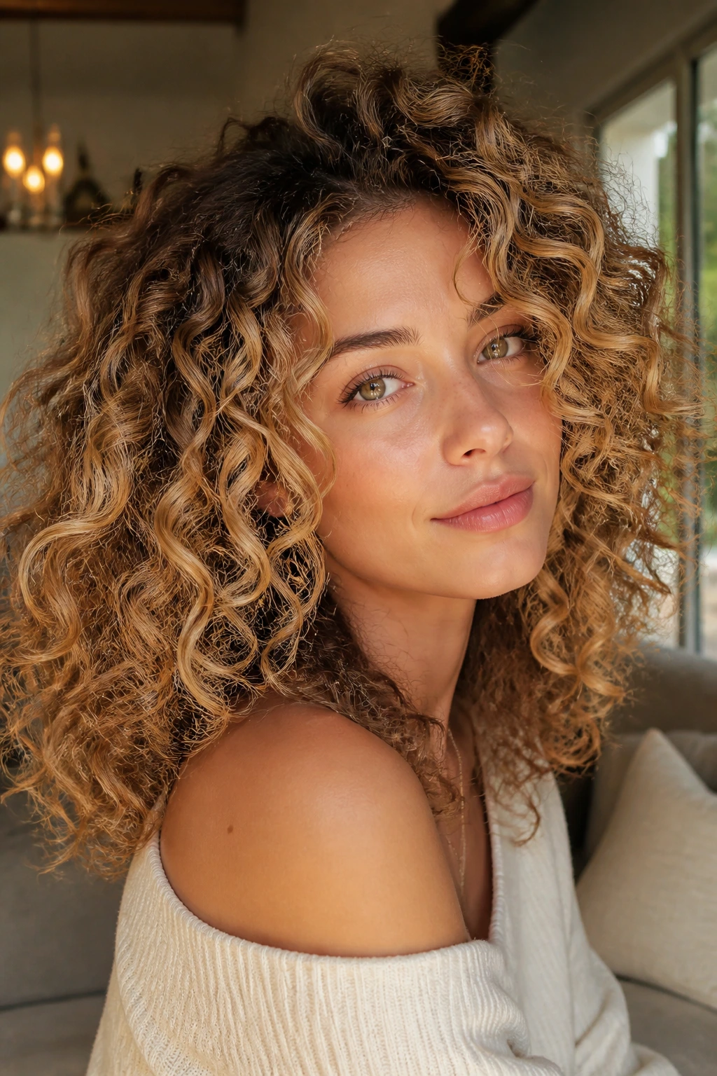 Close-up of a real person with honey blonde highlights on curly hair in natural daylight
