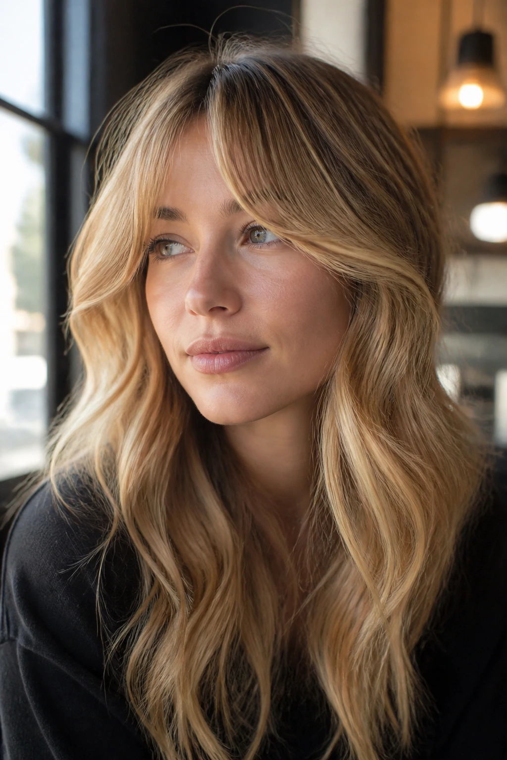 Portrait of a woman with honey blonde hair and curtain bangs in warm natural light