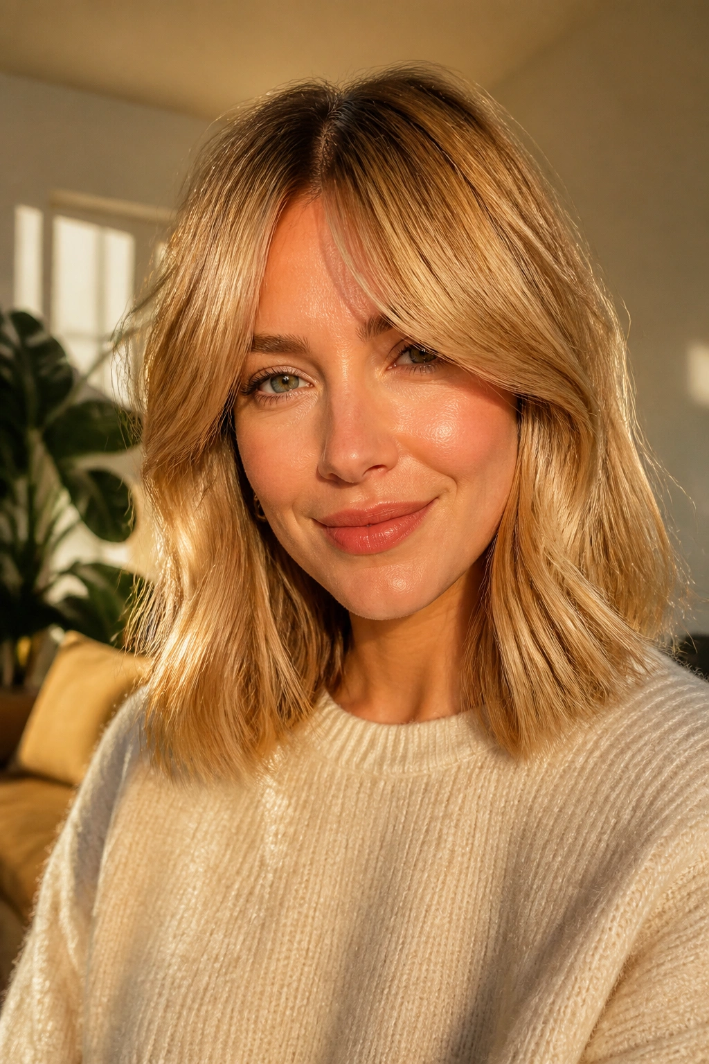 Real woman with honey blonde lob and curtain bangs