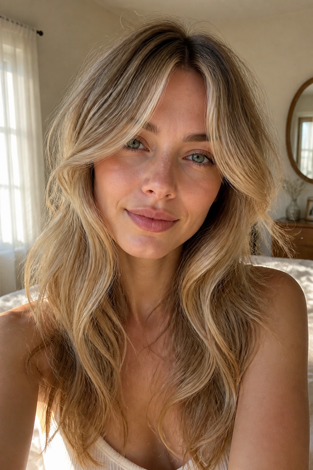Close-up portrait of a real woman with honey blonde curtain bangs and loose waves in soft window light.