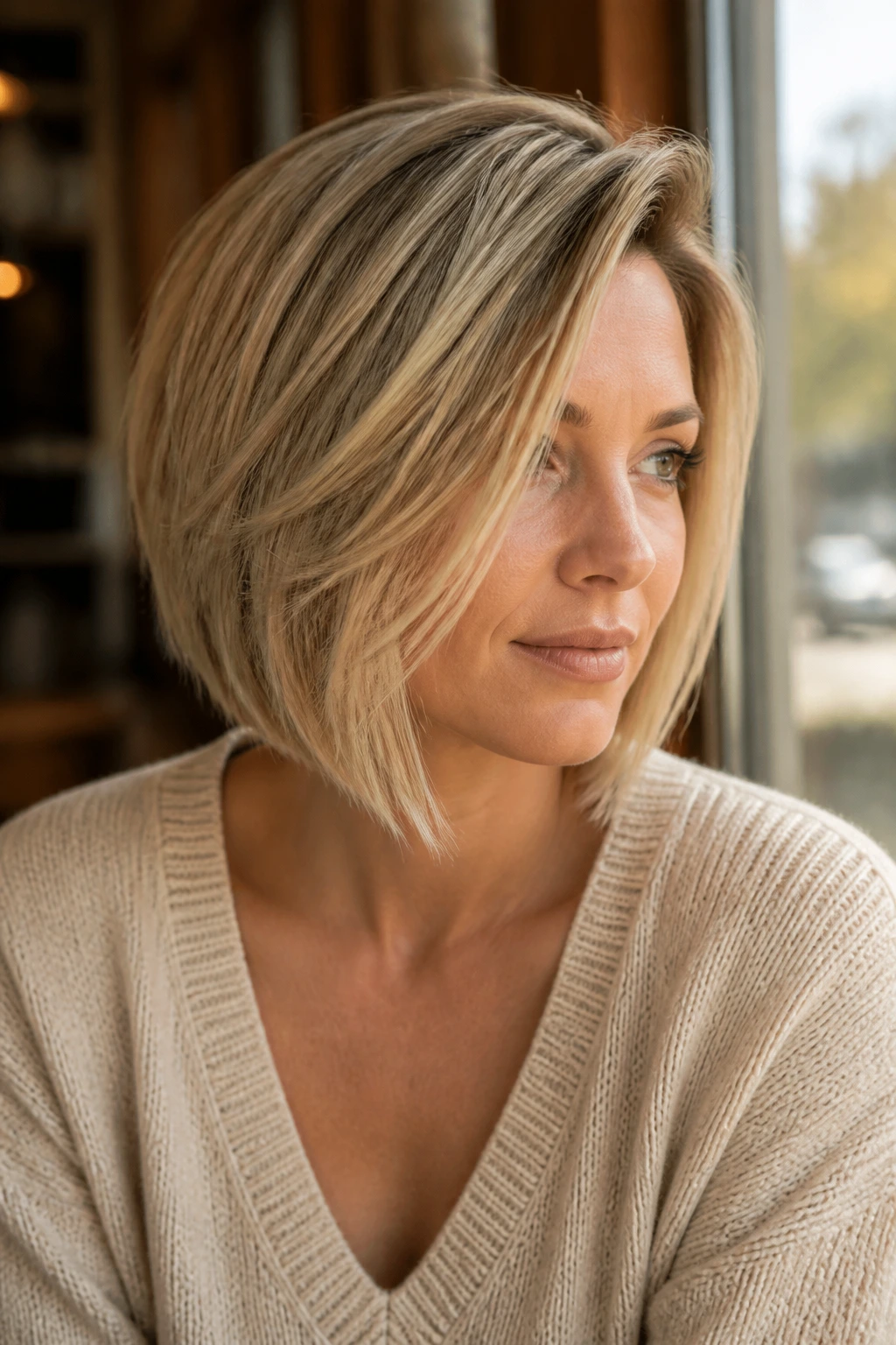 Real woman with deep side-part A-line honey blonde bob in natural light