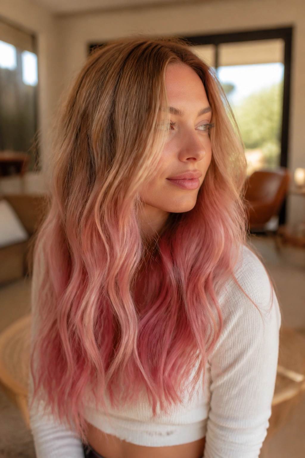 Close-up of a real woman with honey blonde hair fading into dusty pink ends