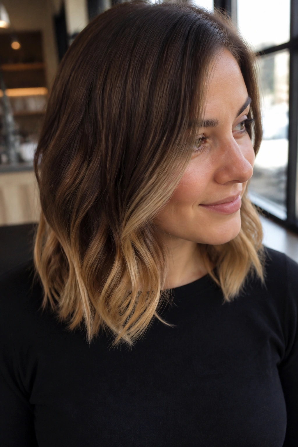 Close-up of midlength hair with honey blonde ends against a warm salon backdrop