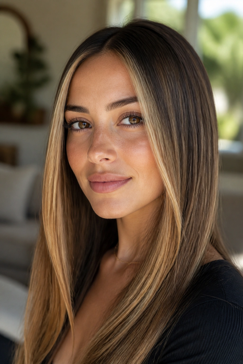 Close-up of straight hair with a honey blonde face frame along the front.