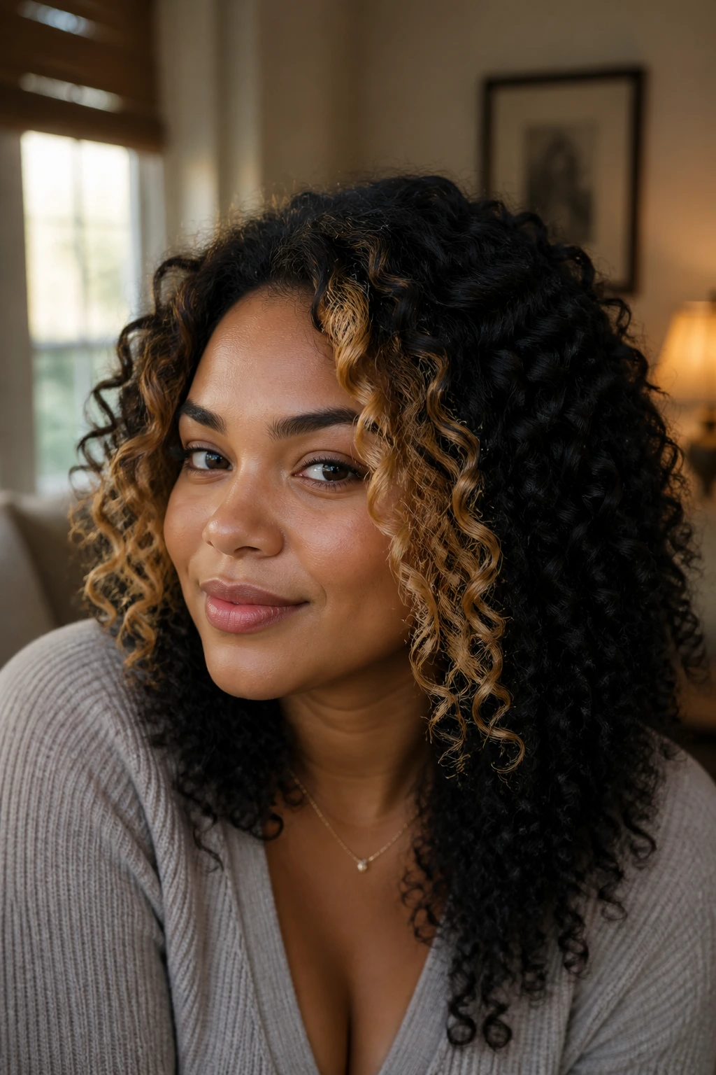 Close-up of curly black hair with honey-blonde face framing pieces