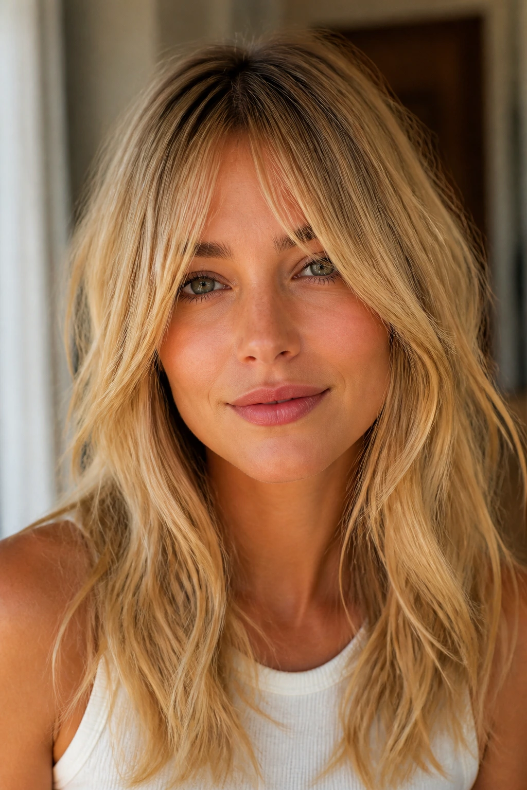 Portrait of a real woman with honey blonde fringe and loose ends