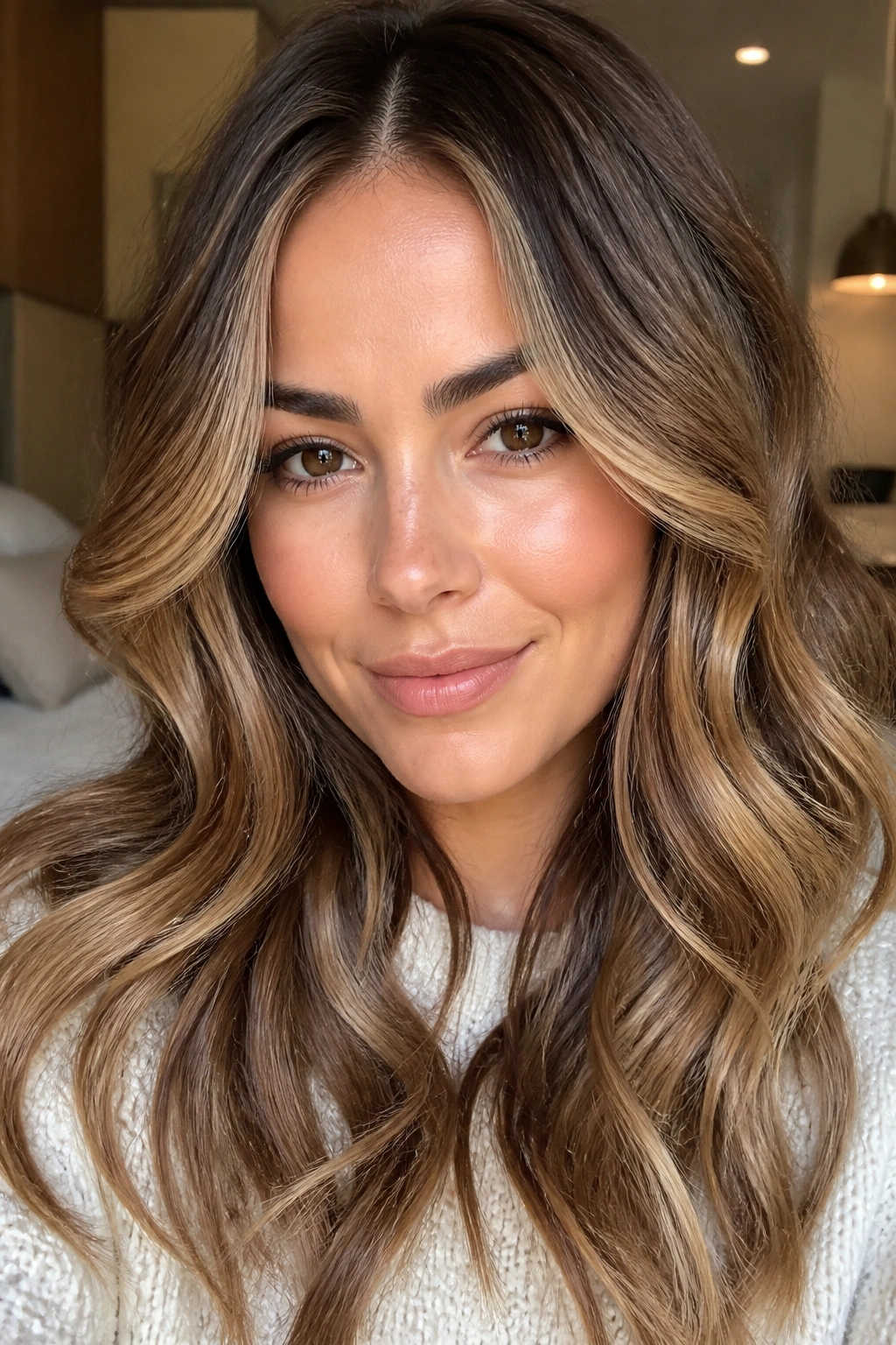 Close-up of a real woman with honey blonde highlights on brown hair.
