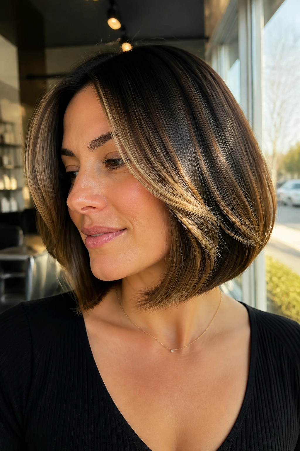 Close-up of a real woman with chocolate brown bob and honey-blonde highlights at the front and lower layers.