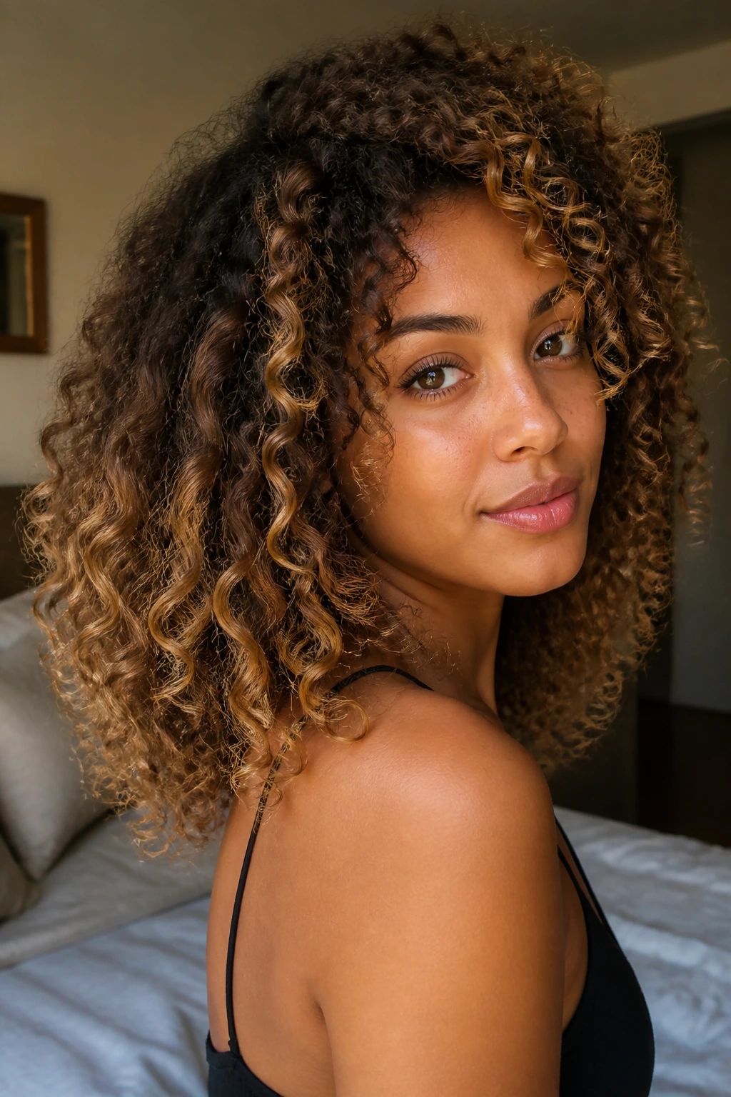 Close-up of a real woman with honey blonde highlights on curly hair