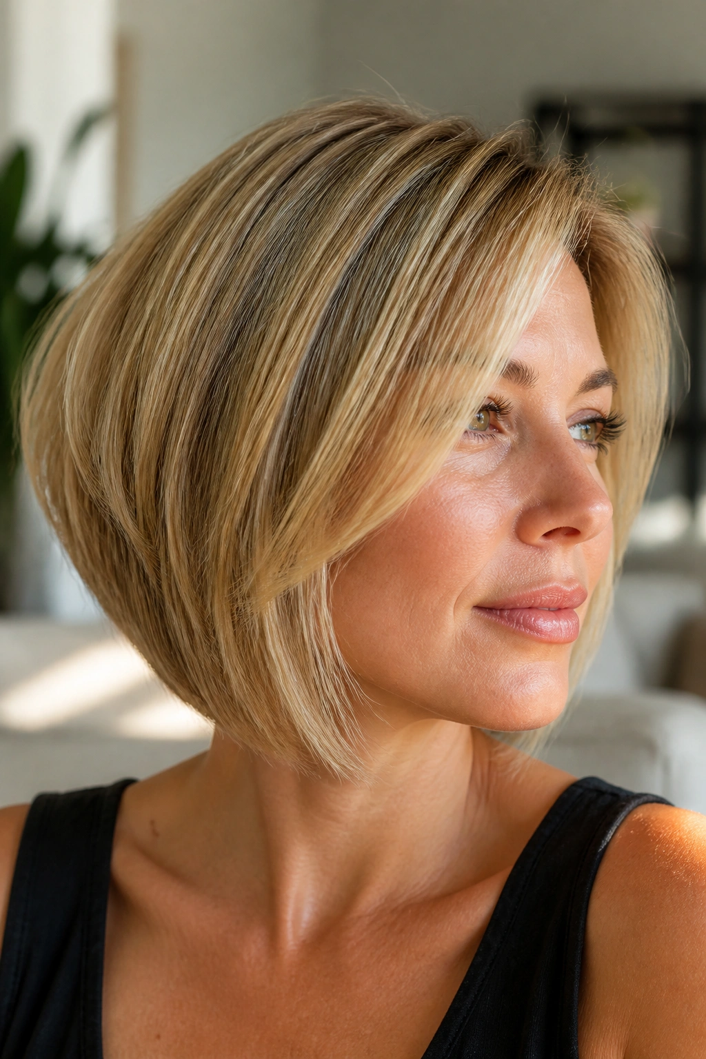 Close-up of a real woman with honey blonde inverted bob and feathered interior layers