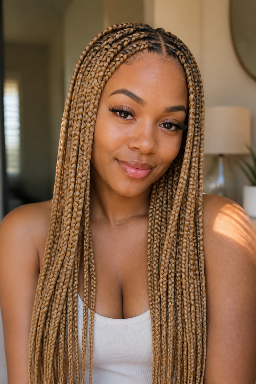 Close-up portrait of a real person in honey-blonde knotless braids