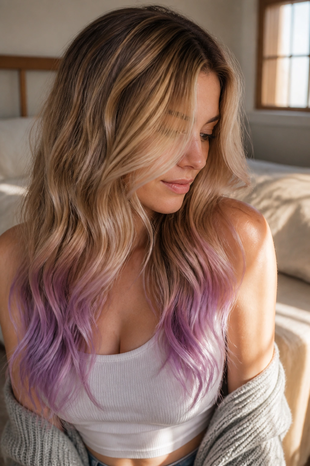 Close-up of a real woman with honey blonde base and lavender tips on long waves.