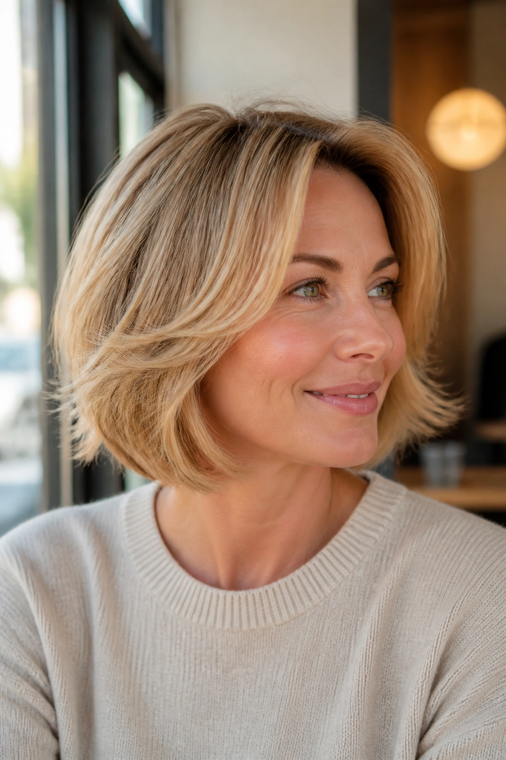 Real woman with honey blonde layered bob and flipped ends in cozy lighting