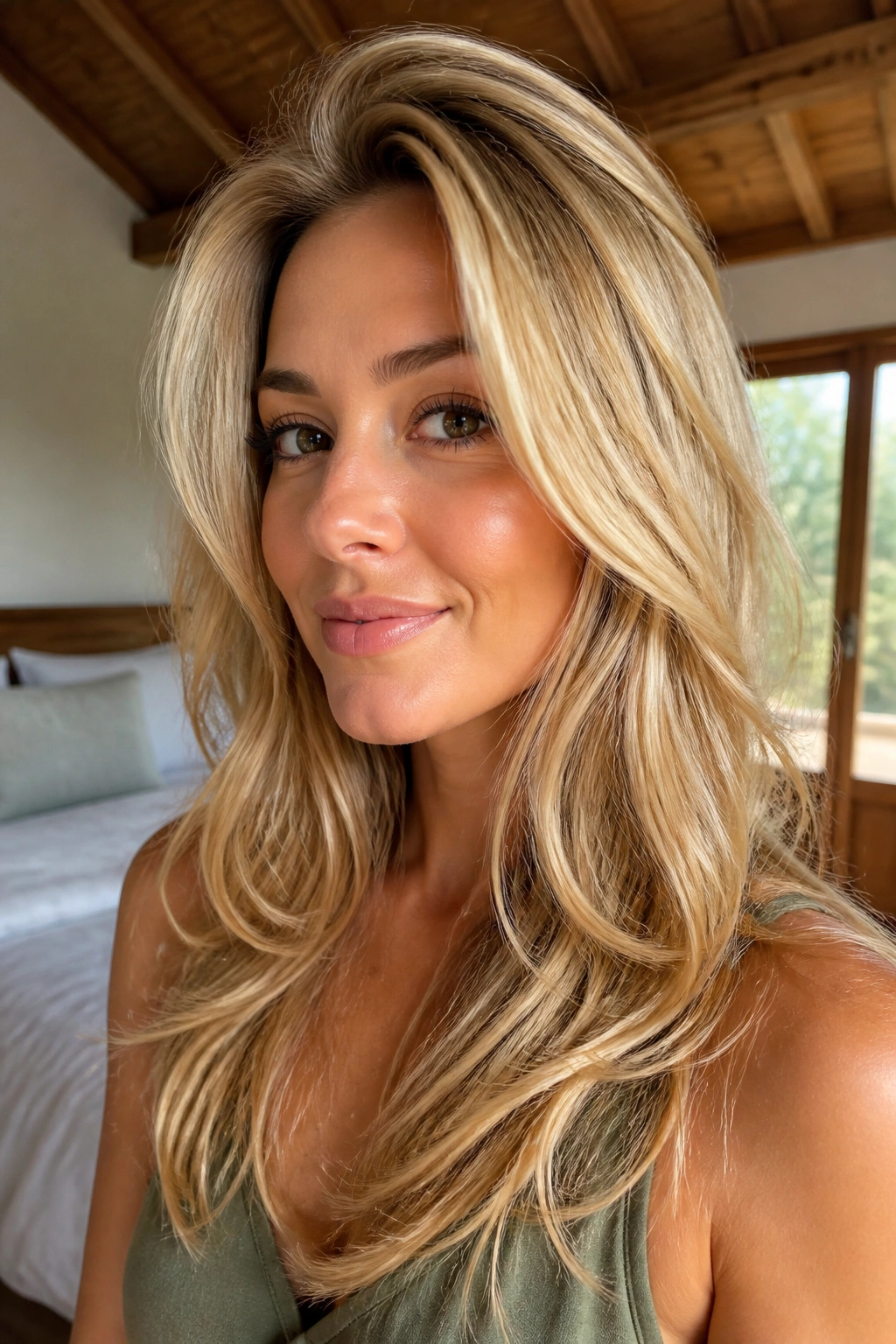 Portrait of a real woman with honey-blonde layered hair and crown volume in warm window light