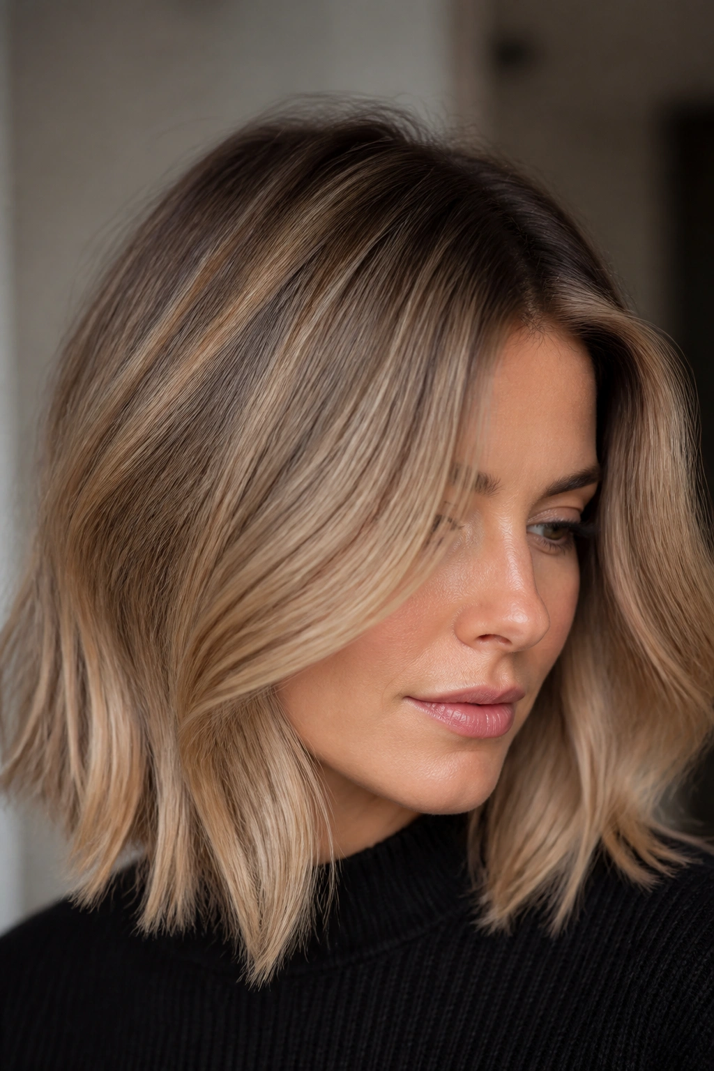 Portrait of a real woman with a smoky honey blonde lob in soft lighting