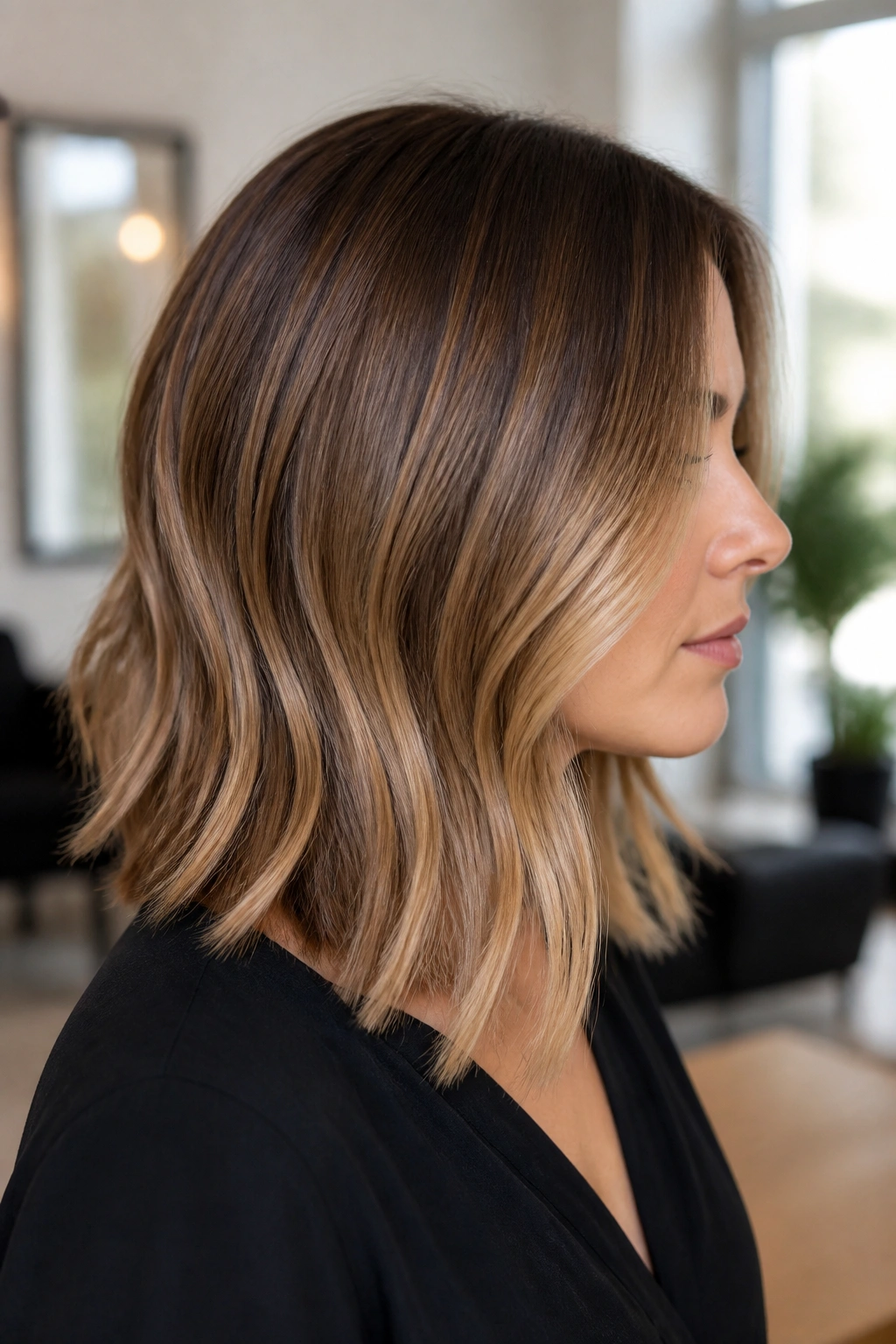Side-profile of a real person with a seamless honey blonde lob hairstyle.
