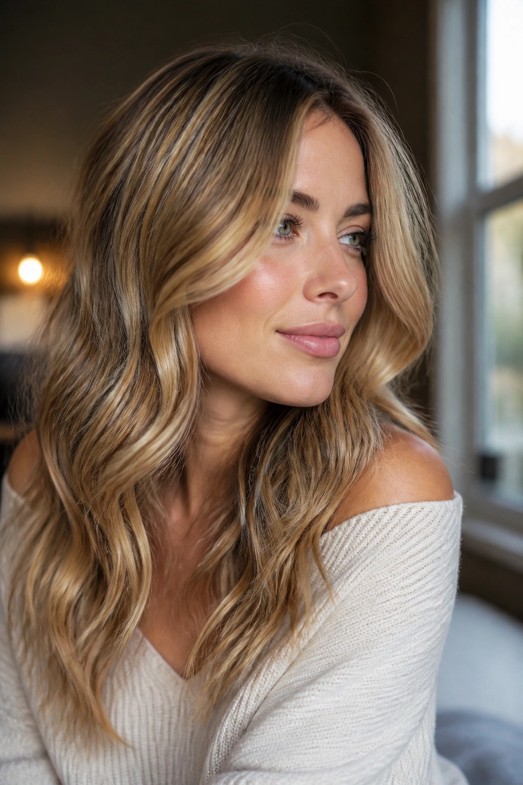Close-up of honey blonde hair with smoky beige lowlights on a real person