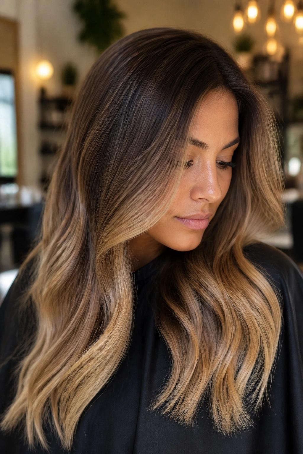 Portrait close-up of brunette roots blending into honey blonde ends in a seamless melt