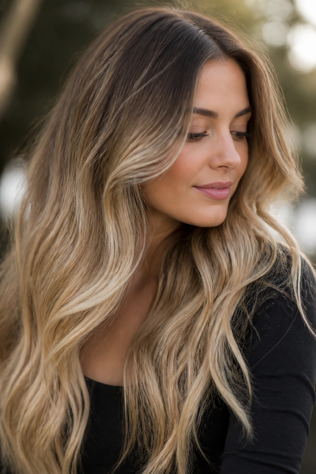 Long honey blonde ombré hair with dark roots and light ends