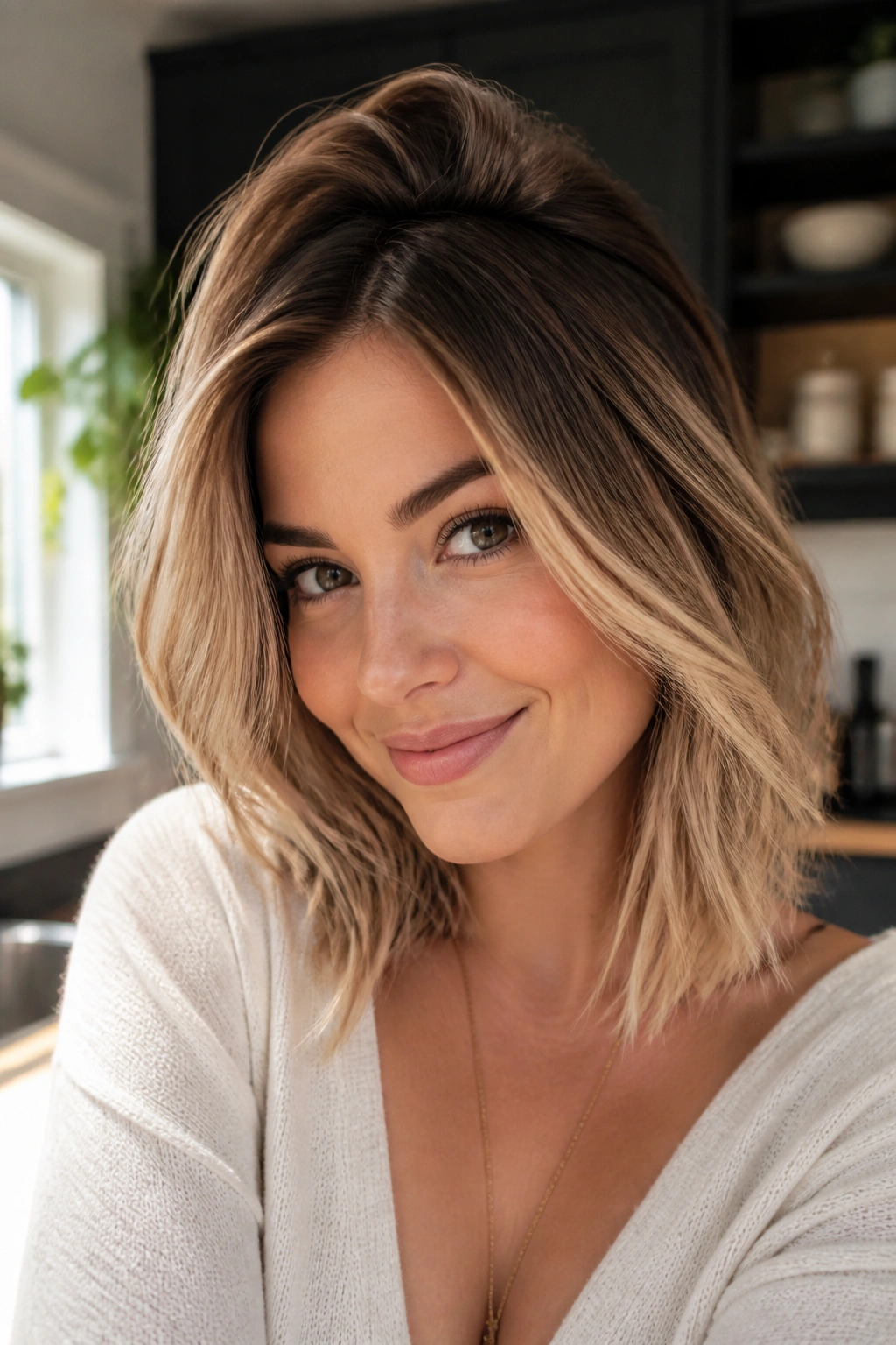 Close-up of a real woman's hair with honey blonde ombre and lifted crown