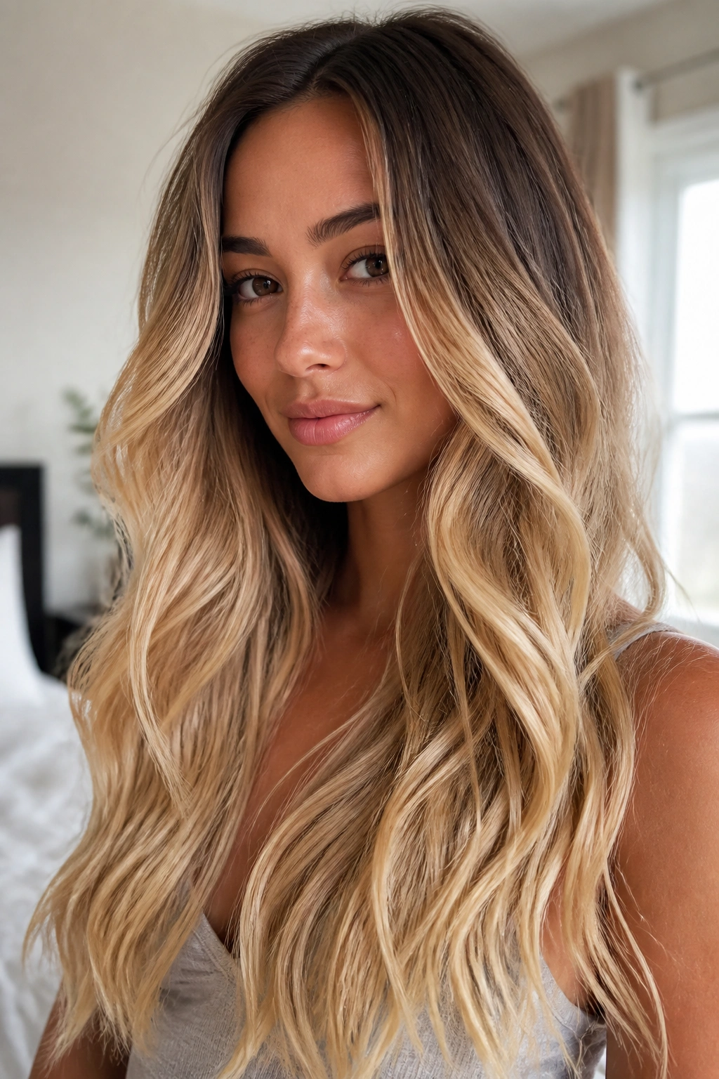 Close-up of real woman with honey blonde ombre melt in warm window light