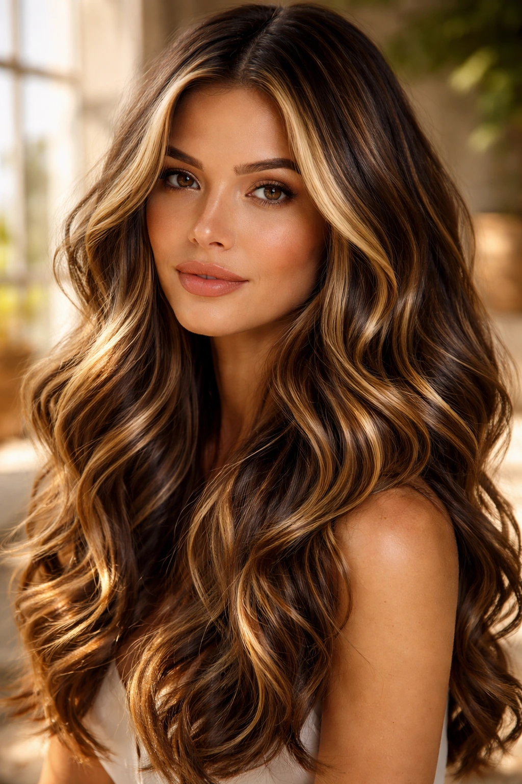 Close-up of a real person with honey blonde and onyx hair tones in a warm setting