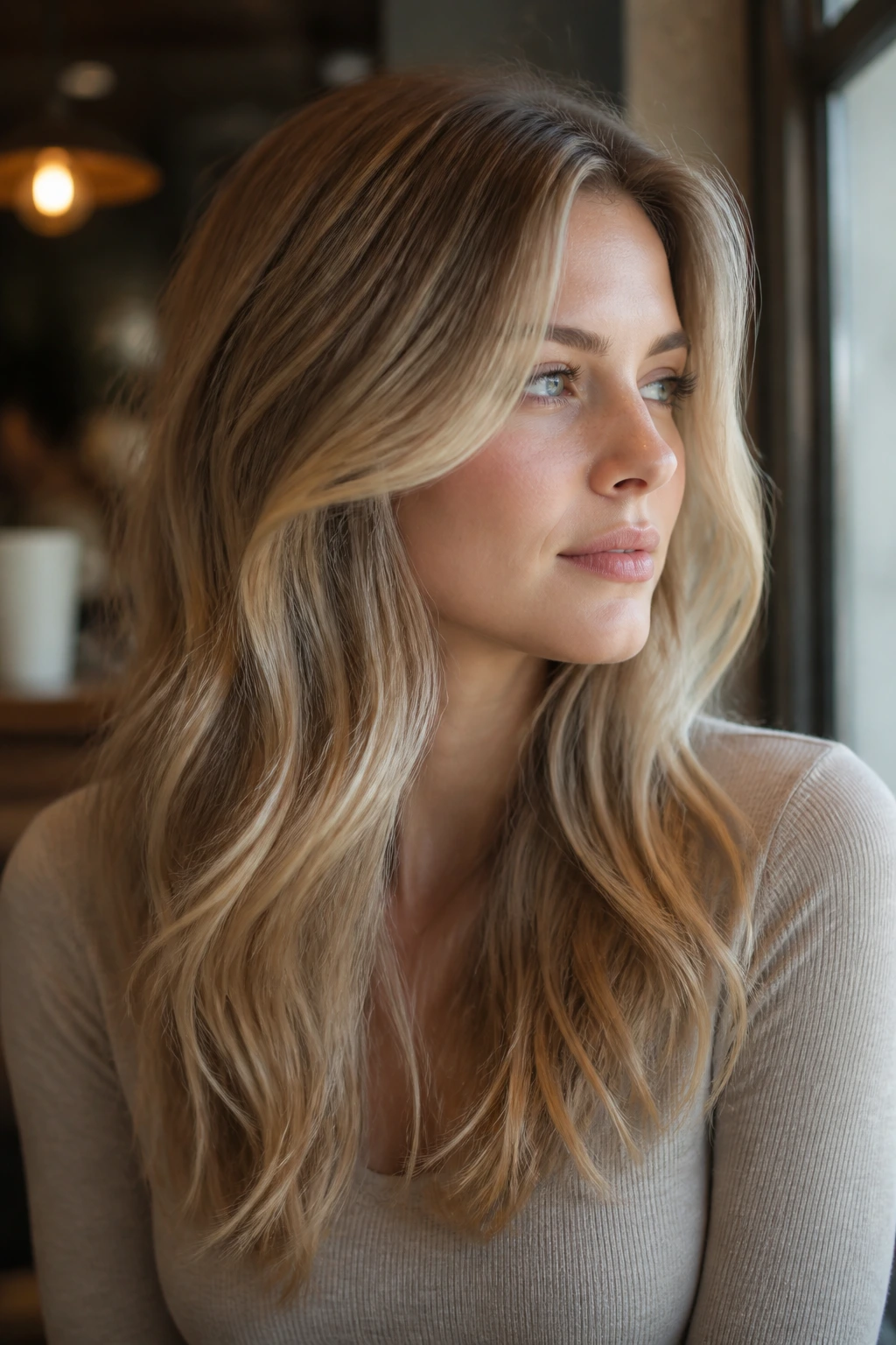 Close-up of a real woman with pearl-toned honey blonde shine and soft satin gloss