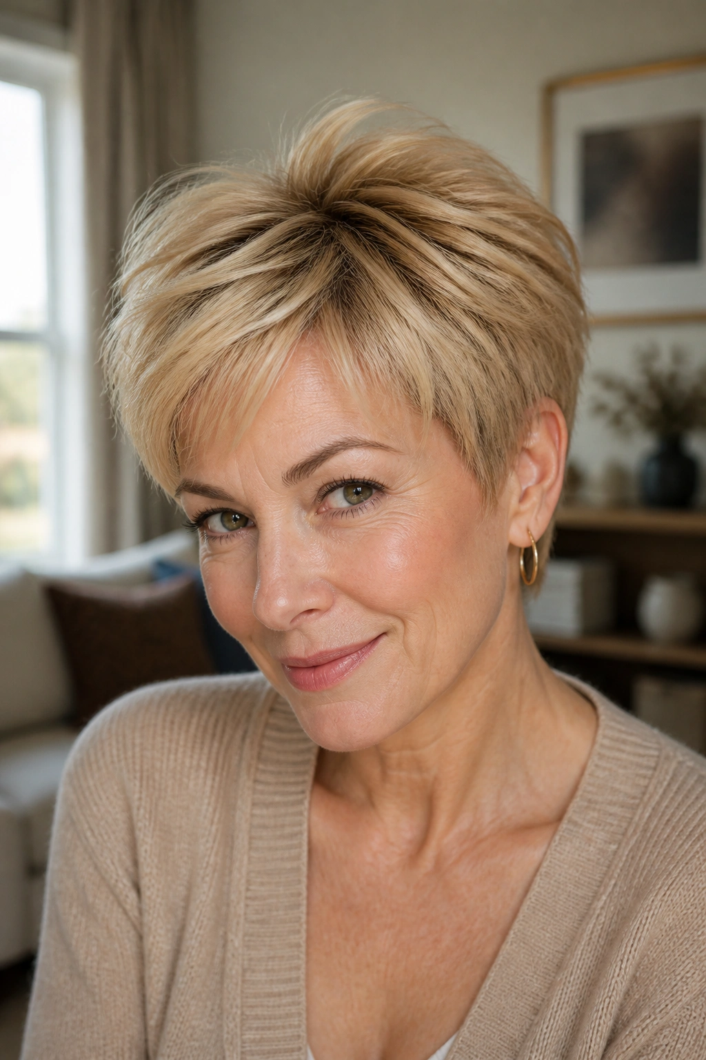 Close-up portrait of a real woman with honey blonde pixie and feathered crown