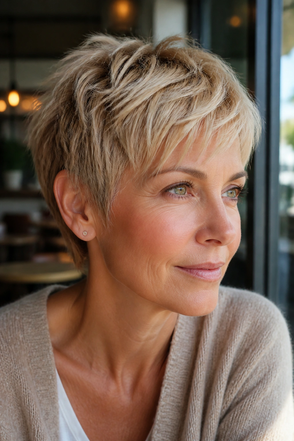 Portrait of a woman with a honey blonde pixie and choppy ends