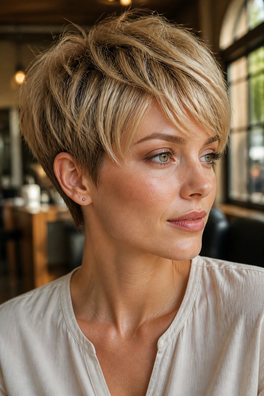 Close-up of textured honey blonde pixie on a real person in a warm salon